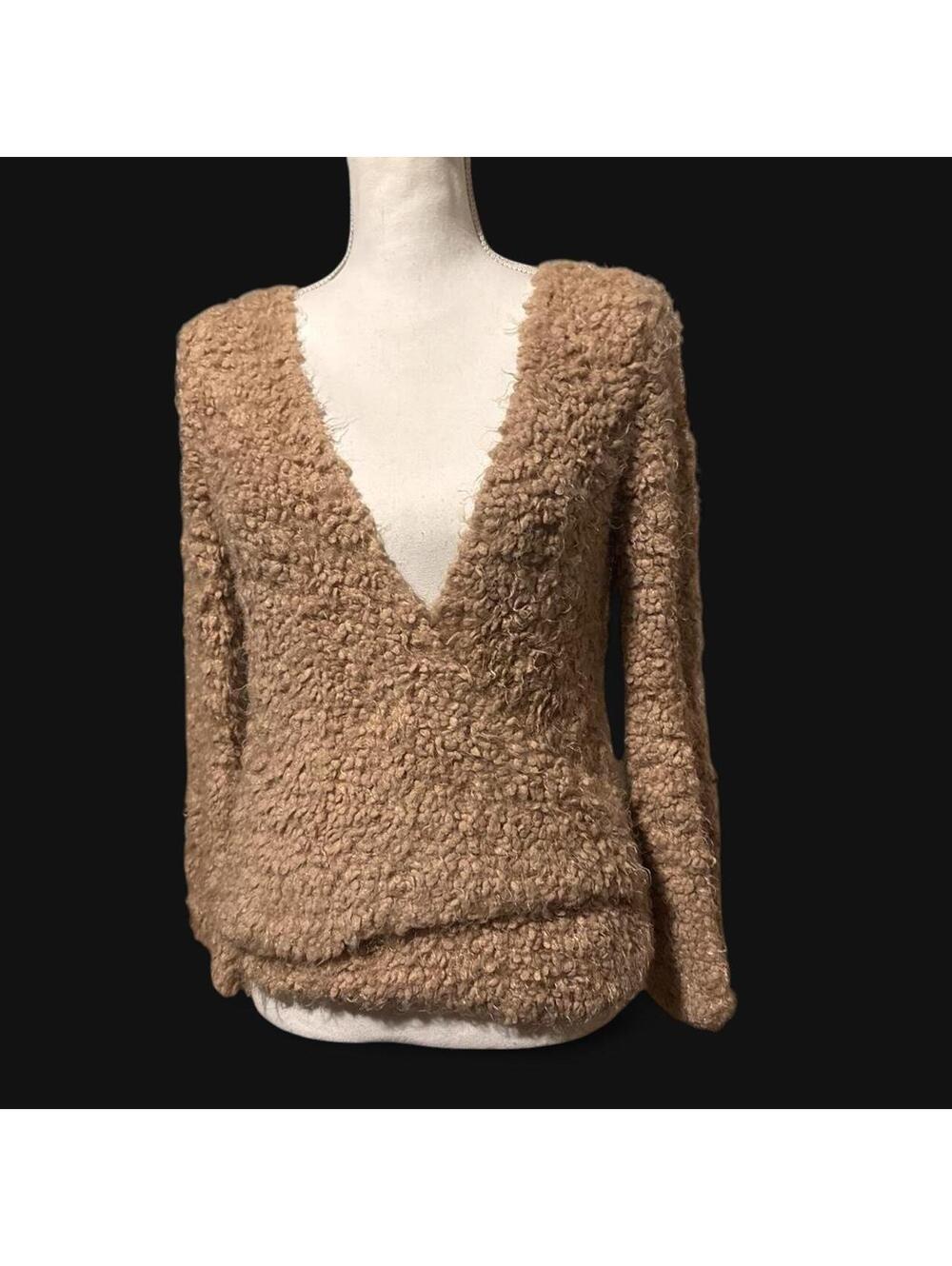 Free People Boucle Deep V Sweater Tan Teddy Knit Cozy